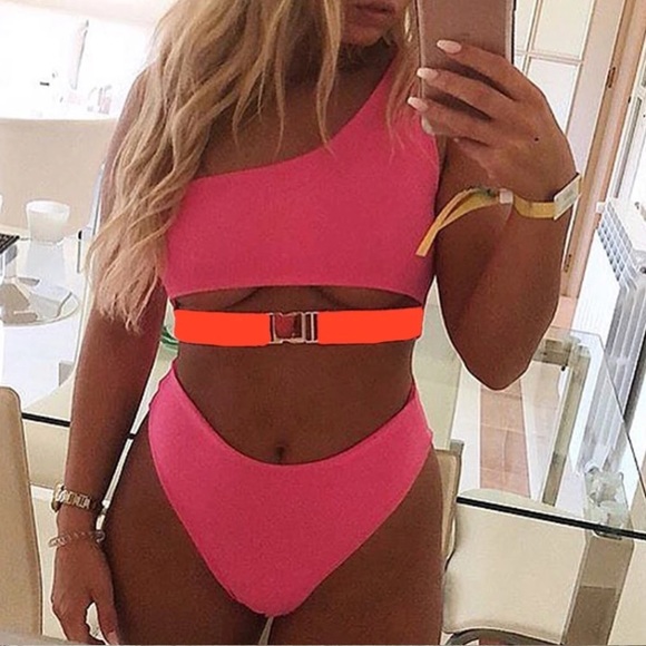 Fuchsia One Shoulder Buckle High Cut Bikini - Picture 2 of 5
